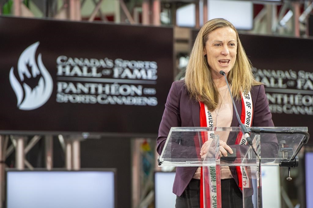 The PWHPA's Jayna Hefford during her 2019 induction into Canada's Sports Hall of Fame.