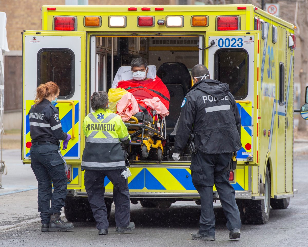 A patient is brought to the emergency department at Jean Talon Hospital, Thursday, April 9, 2020 in Montreal.