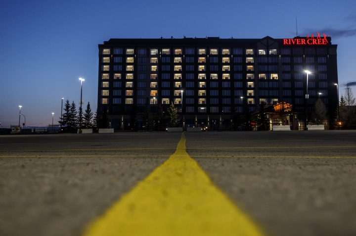 The River Cree Resort & Casino, which was closed due to the COVID-19 pandemic, lights up rooms with a message of “hope” in Edmonton, Alta., on Wednesday, April 15, 2020.