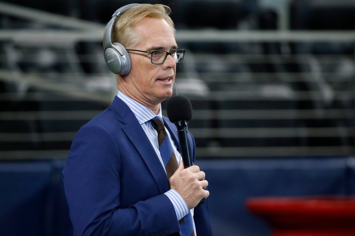 Fox Sports announcer Joe Buck is shown before an NFL football game between the Los Angeles Rams and Dallas Cowboys in Arlington, Texas.