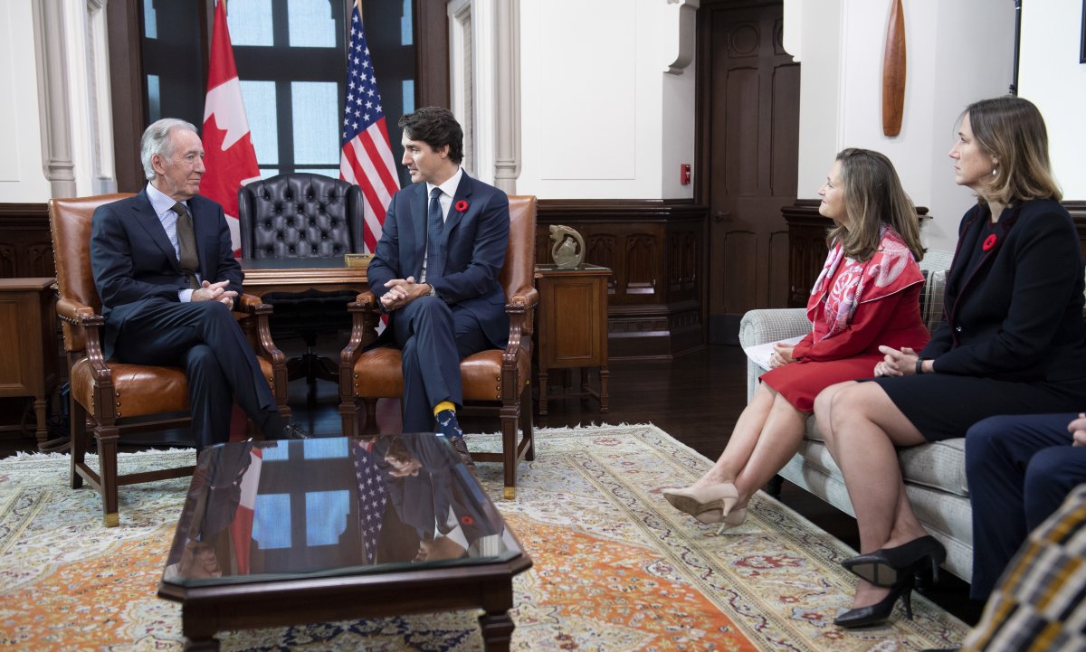 Canada's Minister of Foreign Affairs Chrystia Freeland, second from right, and Acting Ambassador of Canada to the United States of America Kirsten Hillman, right, look on as Prime Minister Justin Trudeau speaks with Richard Neal, Chairman of the Committee on Ways and Means of the United States House of Representatives on Parliament Hill in Ottawa, Wednesday November 6, 2019. 
