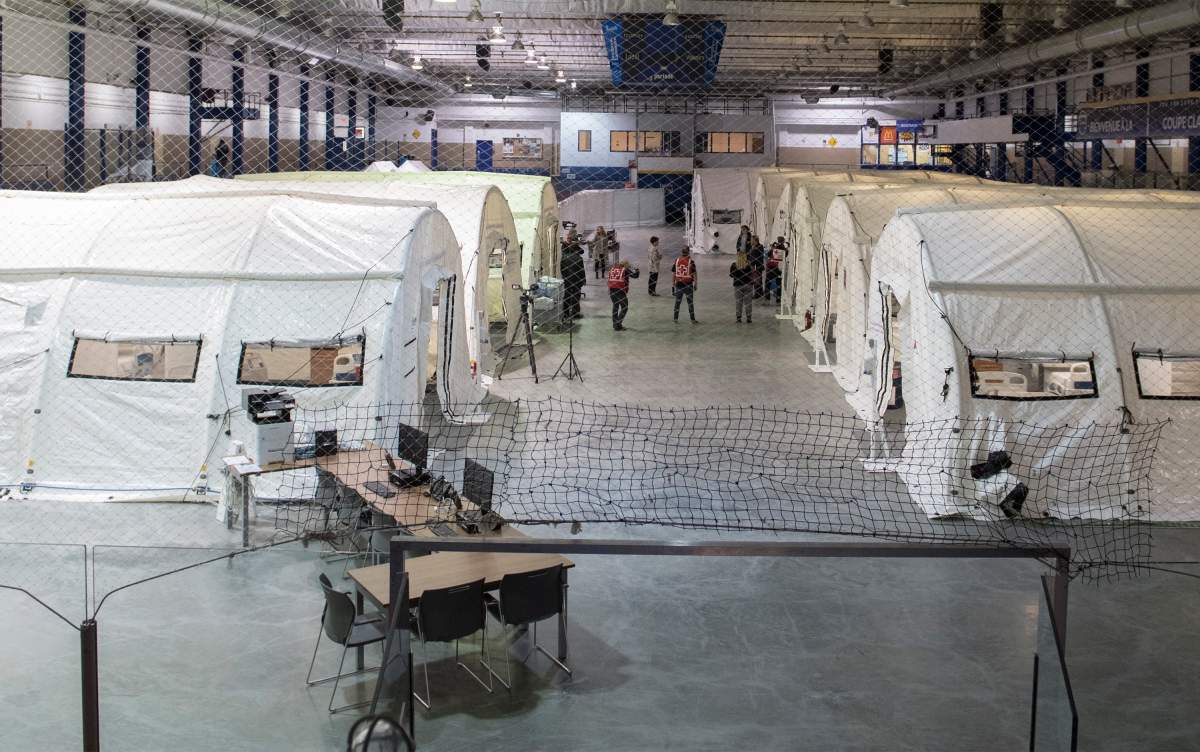 A mobile hospital is shown at the Jacques Lemaire arena in the Montreal suburb of LaSalle, Sunday, April 26, 2020.