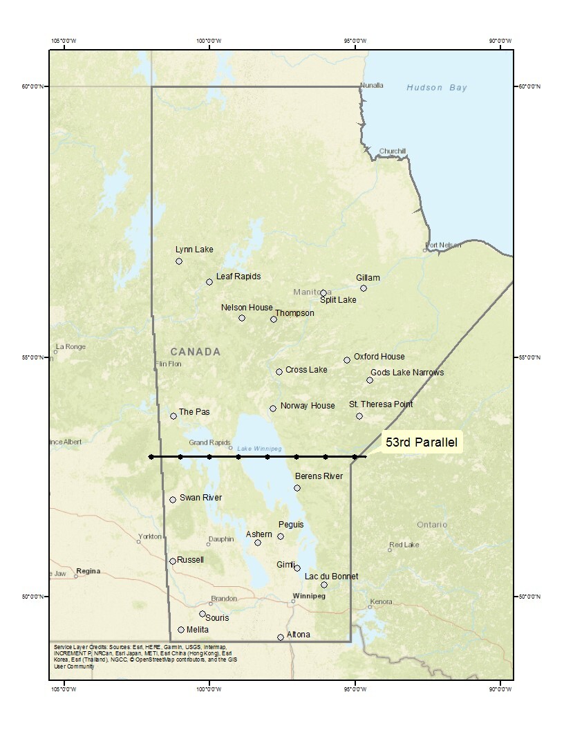 A map of the 53rd parallel in Manitoba.