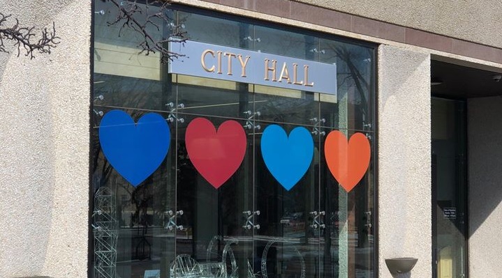 The City of Regina is joining the #heartsofYQR movement by putting hearts in the main-level windows of city hall in support of front-line health-care workers during the COVID-19 pandemic. 