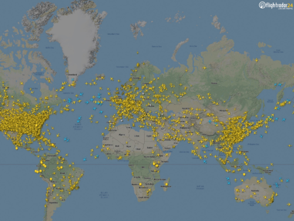 The flight paths over Europe have dropped significantly, as seen in this  airline radar photo from March 2020.