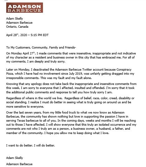 Adam Skelly, owner of Adamson Barbecue, issues this public apology after a social media outburst that included offensive language.