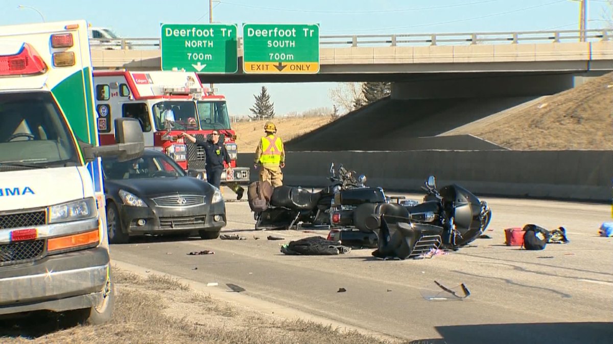 Two motorcyclists were injured in a crash on Calgary's Glenmore Trail on Thursday. 