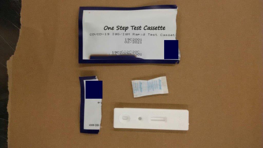 One of the unauthorized COVID-19 test kits seized as a result of the investigation. 