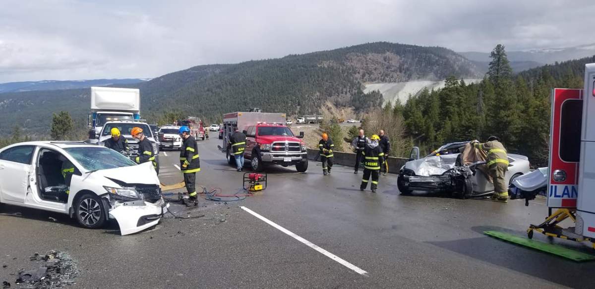 The scene of a head on collision on Highway 3 west of Princeton, B.C. April 25. The driver of the grey chevy cavalier indicated unclear road markings contributed to the crash. Photos from the scene do not show a yellow line indicating two directions of traffic. 