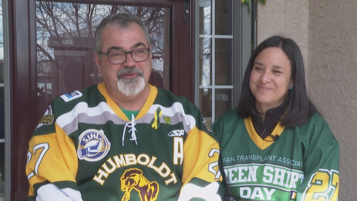Toby and Bernadine Boulet spent the second annual Green Shirt Day in Lethbridge, April 7, 2020. 