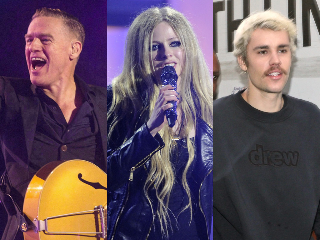 (L-R) Canadian musicians Bryan Adams, Avril Lavigne and Justin Bieber.