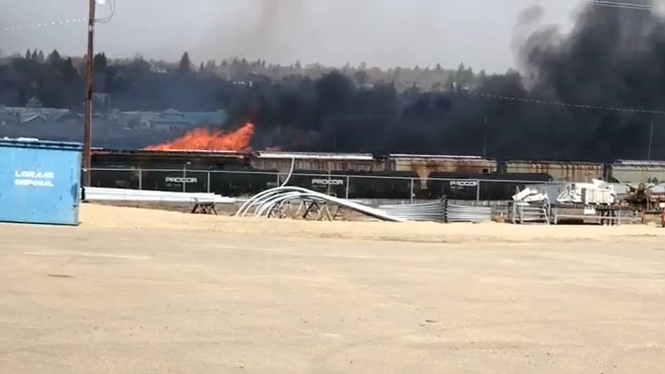 Screengrab of the  fire burning near the CP Rail yards in downtown Moose Jaw. 