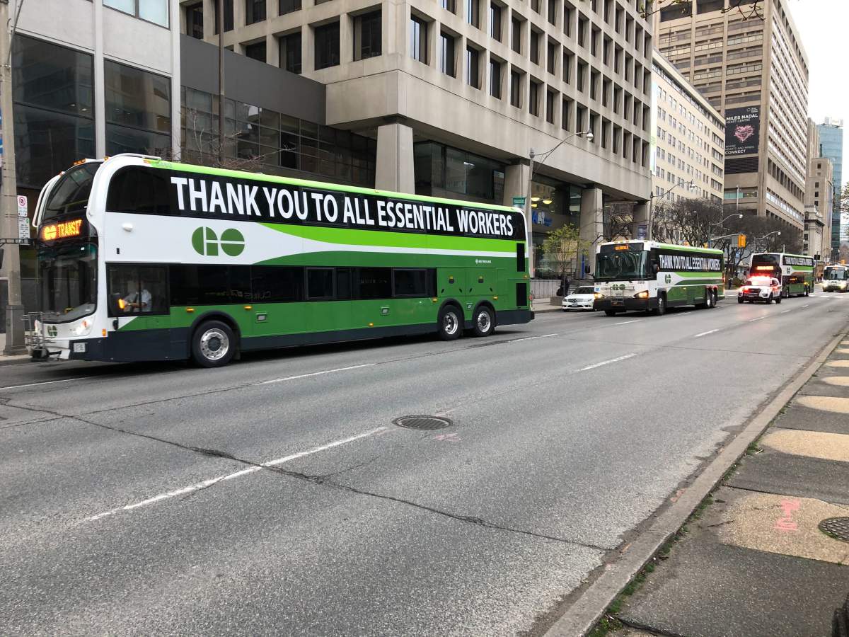 GO Transit employees drive down University Avenue on Thursday as part of an appreciation parade to thank frontline health-care workers responding to COVID-19.