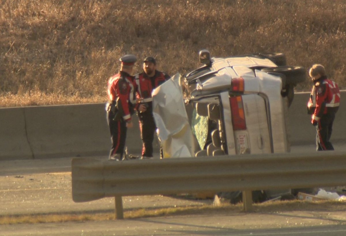 Calgary police responded to a rollover in the northeast on Monday, April 27, 2020.
