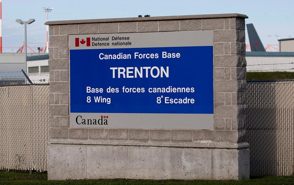 A sign for CFB Trenton is seen on Saturday, September 29, 2012. More than 100 Canadian soldiers have returned home from Ukraine and are in quarantine at an Ontario military base for the next two weeks to ensure they do not have COVID-19.
