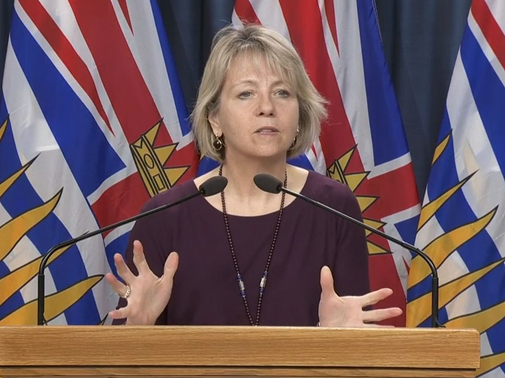 Provincial health officer Dr. Bonnie Henry talks during Saturday’s announcement of the latest coronavirus statistics in B.C.