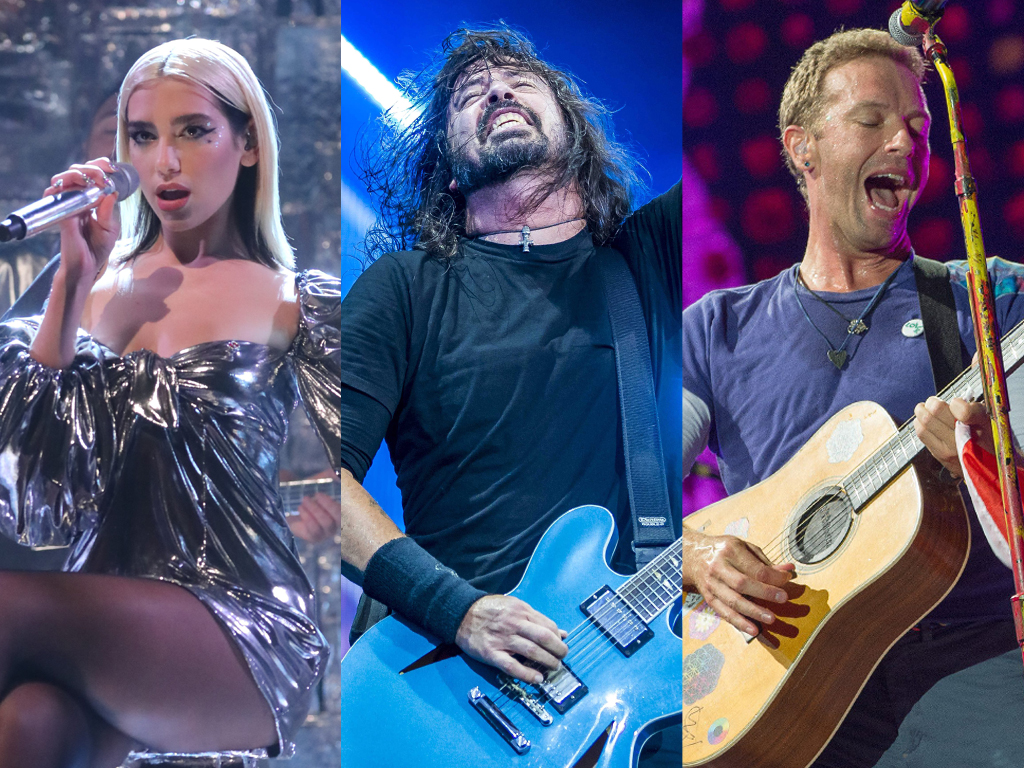 (L-R) Dua Lipa, Dave Grohl of Foo Fighters and Christ Martin of Coldplay.