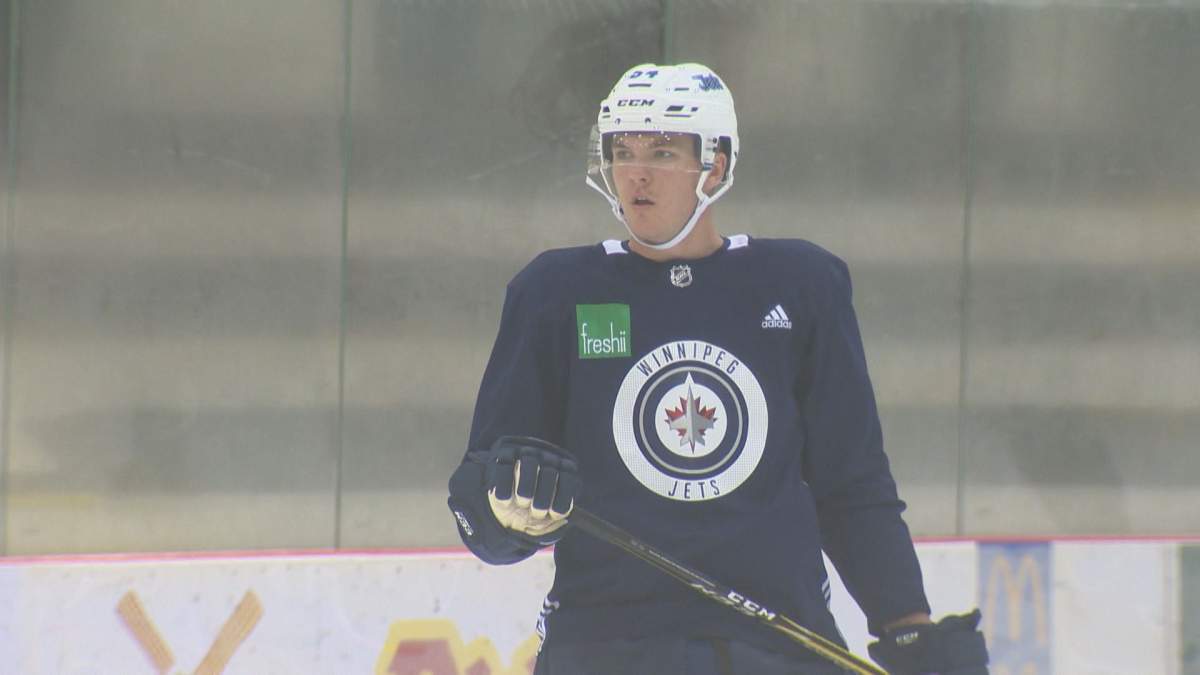 Defenceman Dylan Samberg practices with the Winnipeg Jets during development camp.