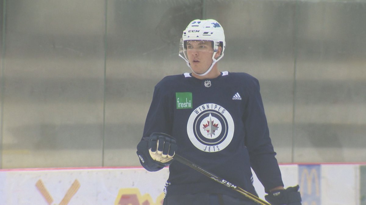 Defenceman Dylan Samberg practices with the Winnipeg Jets during development camp.