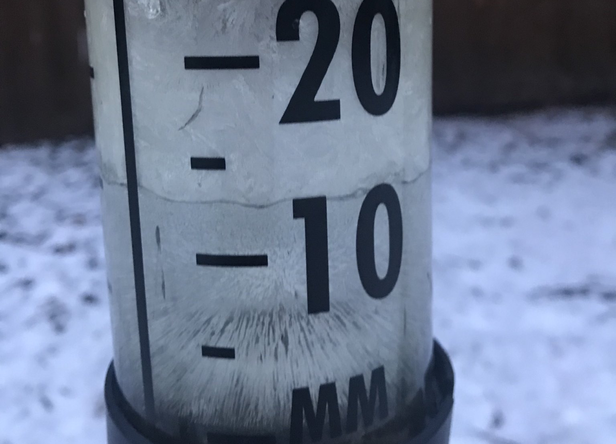 A rain gauge in Morden Thursday morning.