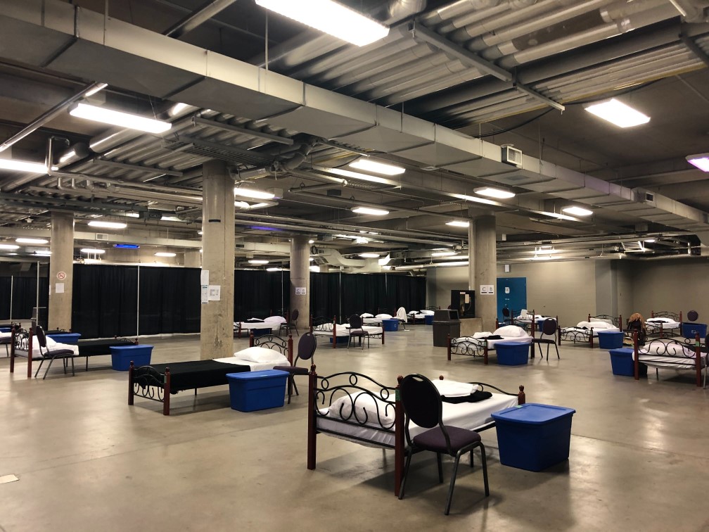 FirstOntario Centre has been transformed into a 50-bed surge shelter for Hamilton's homeless men, with capacity for an additional 25 beds if necessary.