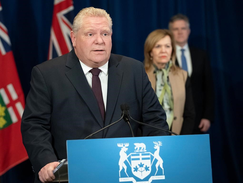 Ontario Premier Doug Ford answers questions during his daily briefing at Queen's Park in Toronto on Monday April 6, 2020. THE CANADIAN PRESS/Frank Gunn.