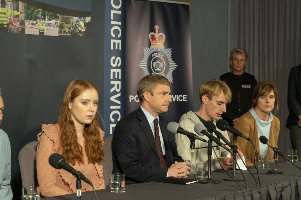Martin Freeman, centre, is shown as Det.-Supt. Steve Fulcher in ‘A Confession.’