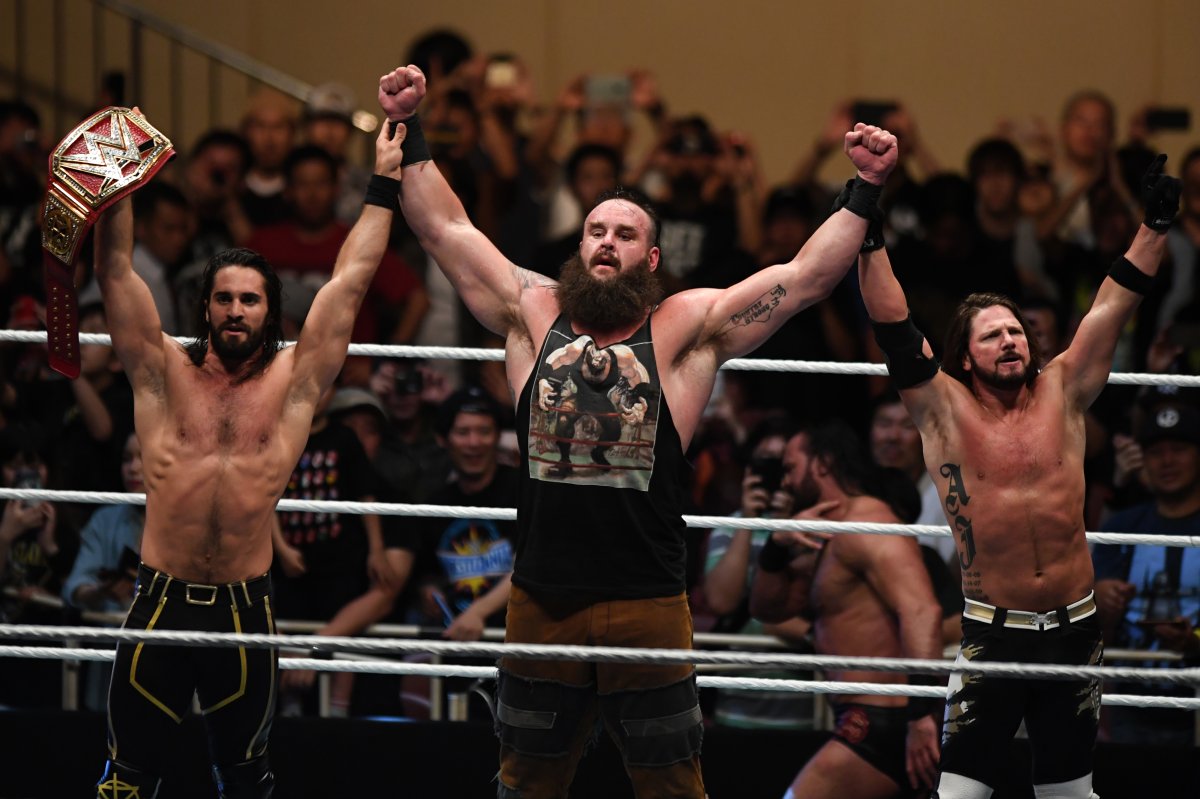 Seth Rollins, Braun Strowman and AJ Styles celebrate victory during the WWE Live Tokyo at Ryogoku Kokugikan on June 29, 2019 in Tokyo, Japan. 