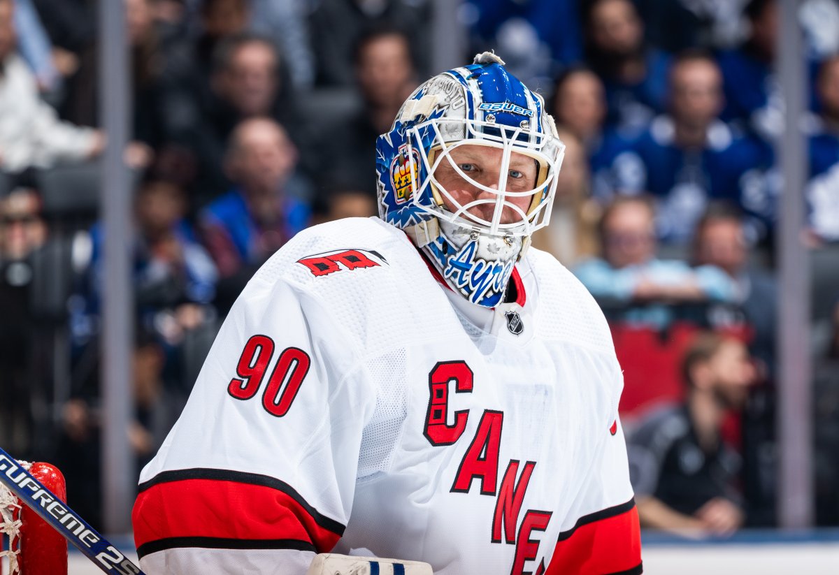 Emergency backup goaltender Dave Ayres #90 of the Carolina Hurricanes looks on against the Toronto Maple Leafs during the second period at the Scotiabank Arena on February 22, 2020 in Toronto, Ontario, Canada. 