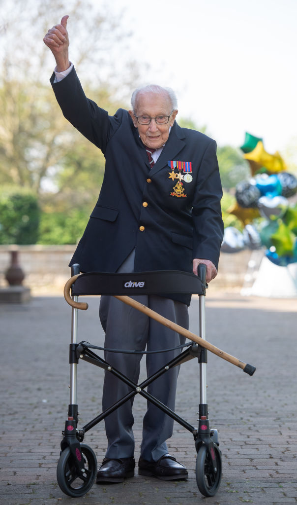 War veteran Capt. Tom Moore, 99, at his home in Marston Moretaine, Bedfordshire, U.K. after he achieved his goal of 100 laps of his garden, raising more than £19 million for the National Health Service.