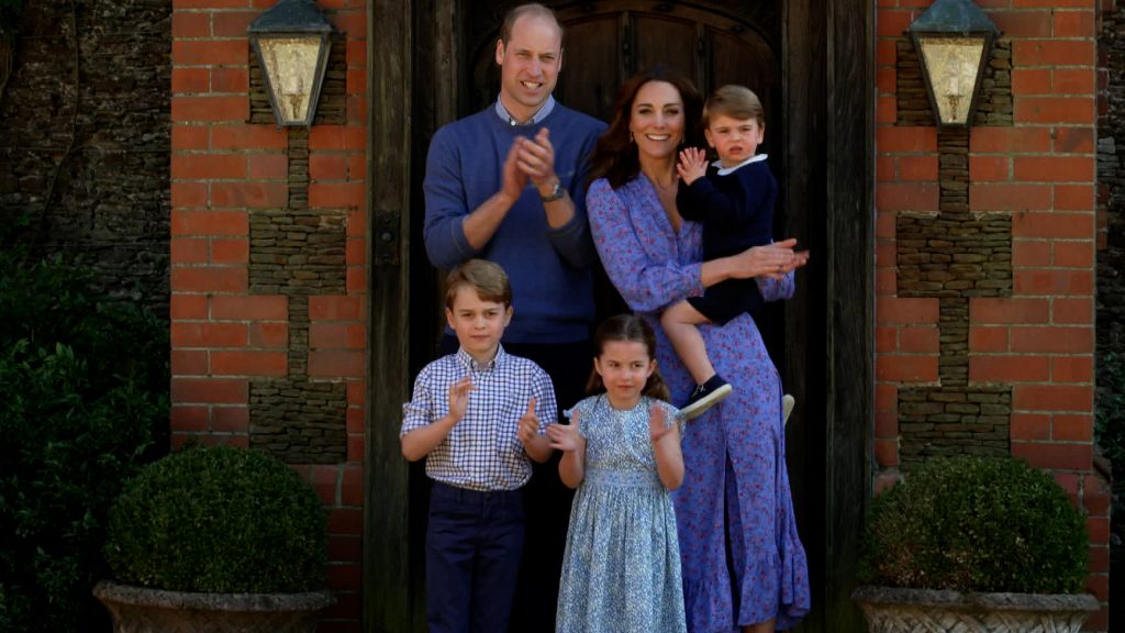 Prince William, Kate Middleton and their children, Prince George, Princess Charlotte and Prince Louis of Cambridge, clap for NHS carers outside of their home.