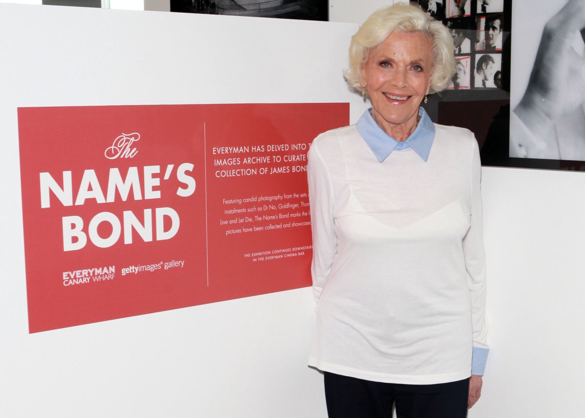 Honor Blackman visits ‘The Name’s Bond’ exhibition at Everyman Canary Wharf raising funds for The Stroke Association on Oct. 30, 2015 in London, England.