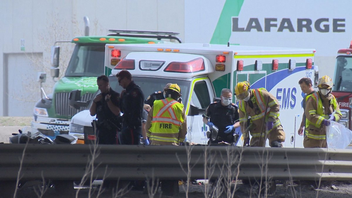 Emergency crews responded to a motorcycle crash in Calgary on Saturday, April 25, 2020.