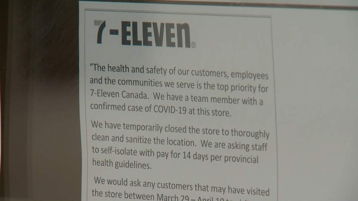 A sign in the High River 7-Eleven indicates the store will re-open in late April.