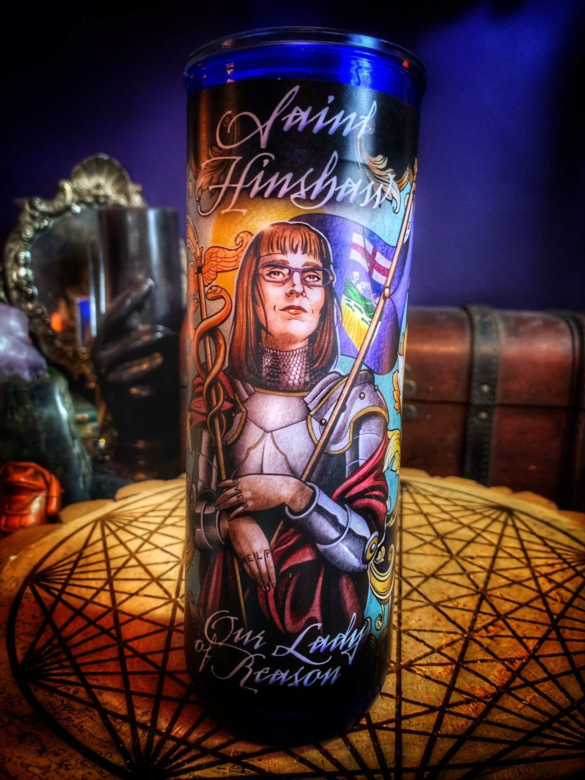 “Our Lady of Reason Vigil” candle, design by Brent Smith (Fox Runner Tattoo), candle by The Witchery.