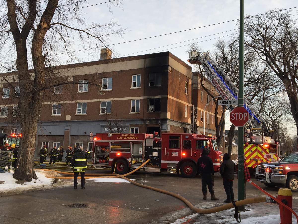 Damage to the side of an apartment building from a fire on Sargent Avenue Monday.