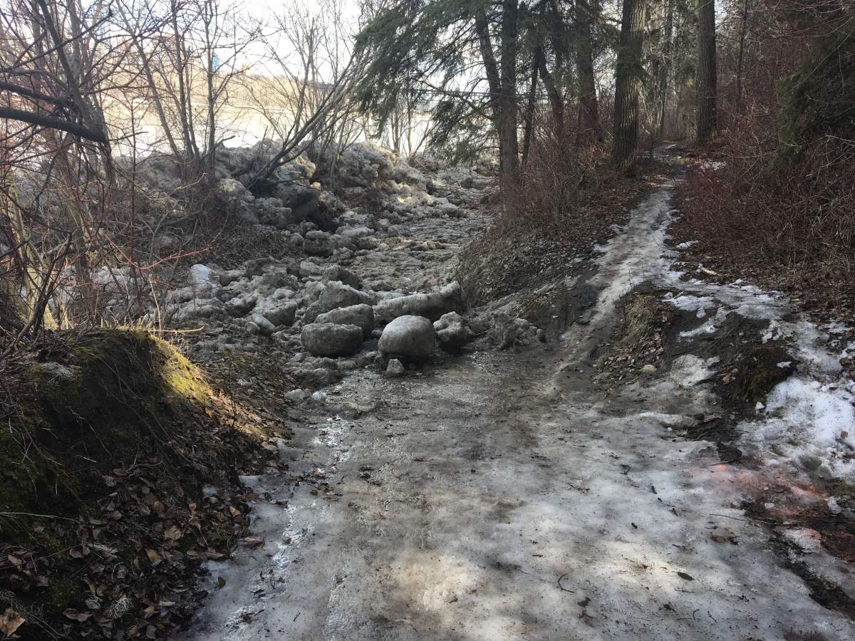 The Edmonton river valley trail through Emily Murphy Park was closed due to high water and ice levels on the North Saskatchewan River. Wednesday, April 22, 2020.