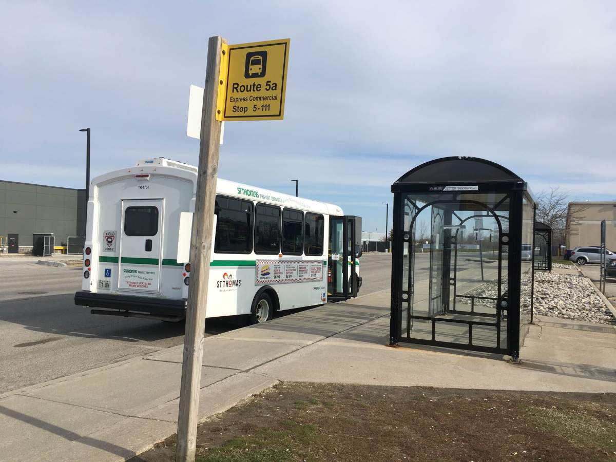 Bus at a bus stop in St. Thomas, Ont.