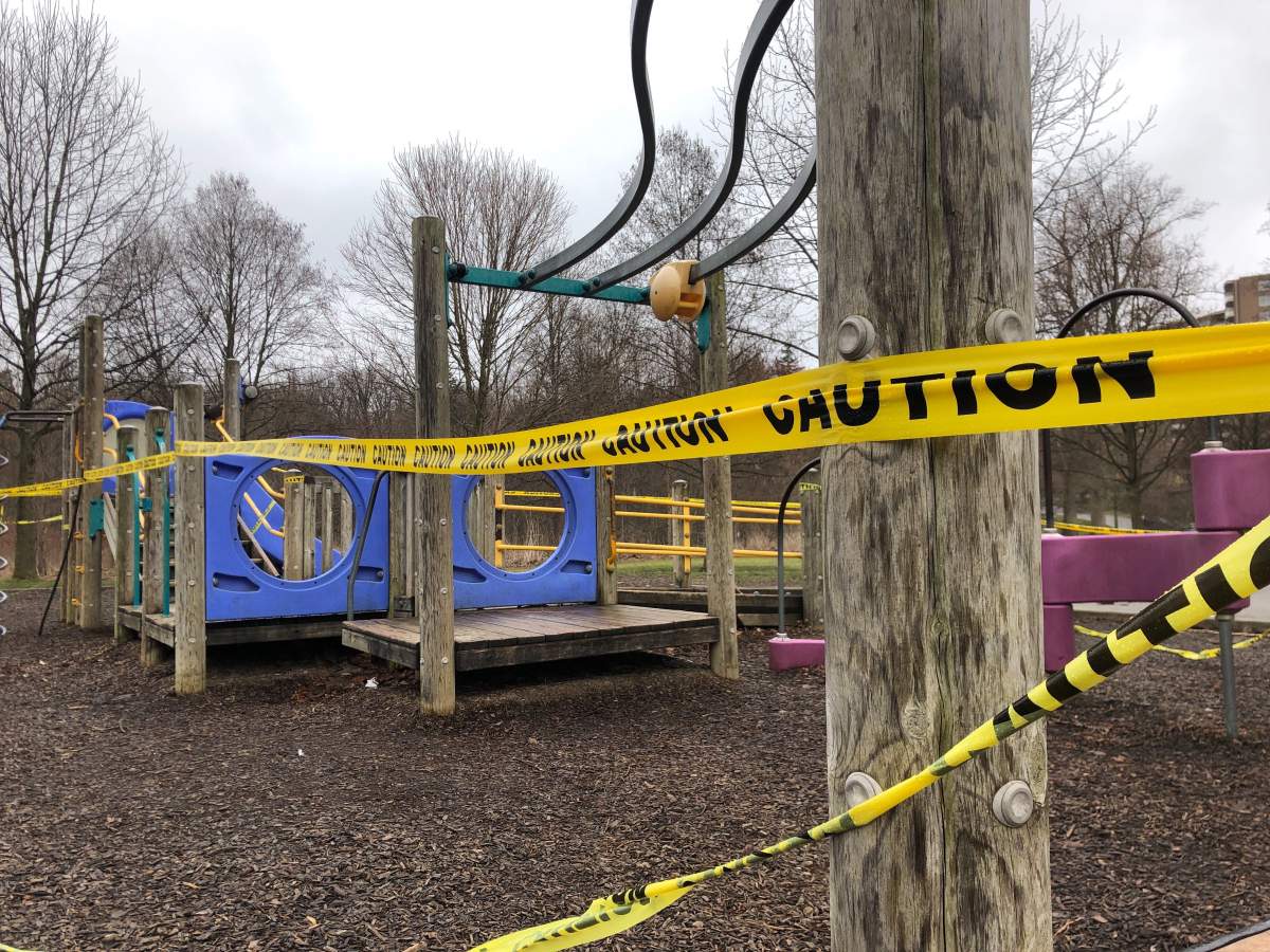 Playground atGibbons Park in London Ont. blocked off because of COVID-19 closures .