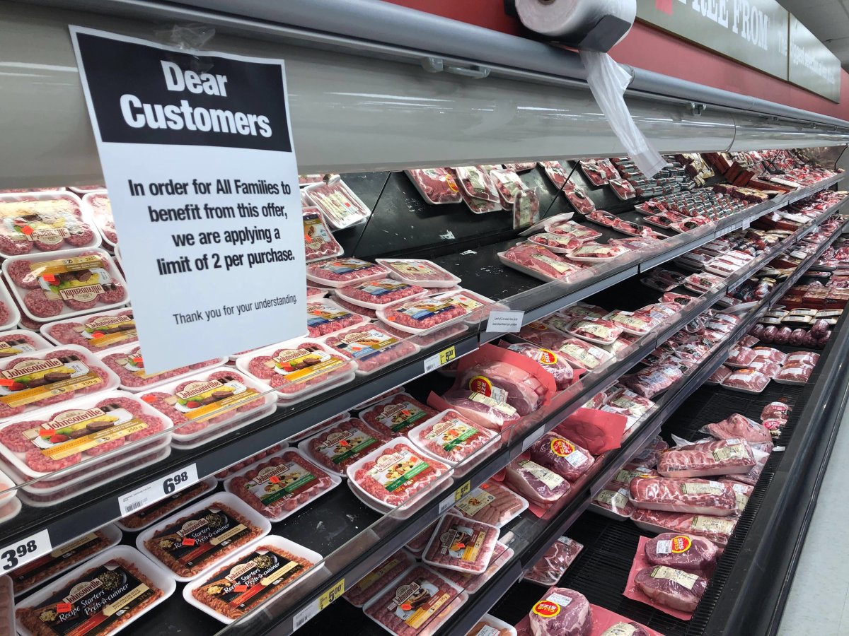 A sign indicating limits on ground beef purchases at a Winnipeg grocery store.