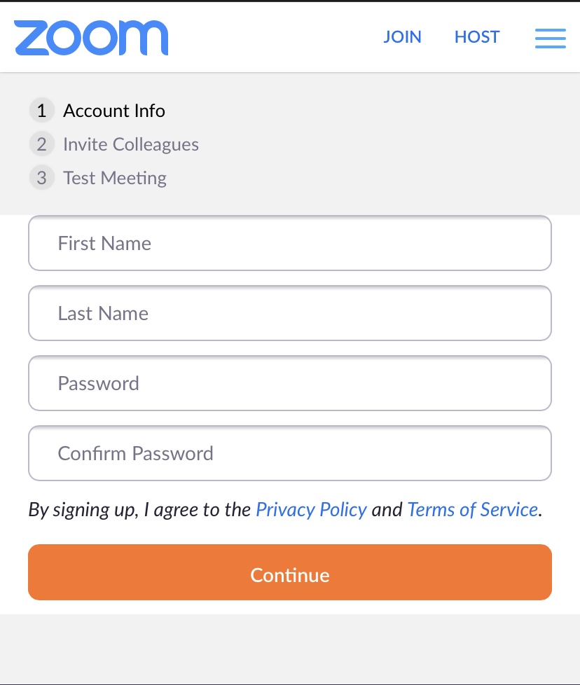 Screenshot of a Zoom signup page