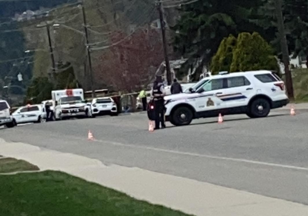 Kelowna RCMP on the scene of a collision that killed a child pedestrian on April 19, 2020.