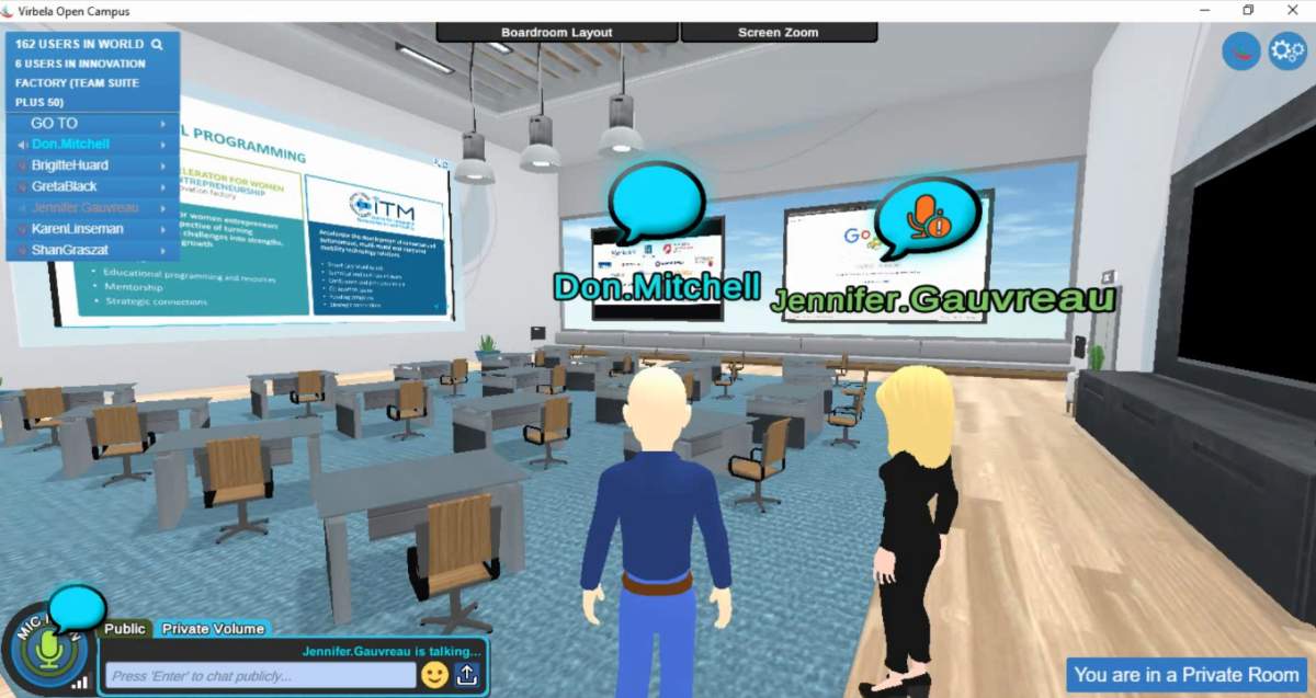 A tour around the Innovation Factory’s virtual campus shows off a fully interactive boardroom with the ability to show powerpoint presentations, surf the net and watch video.