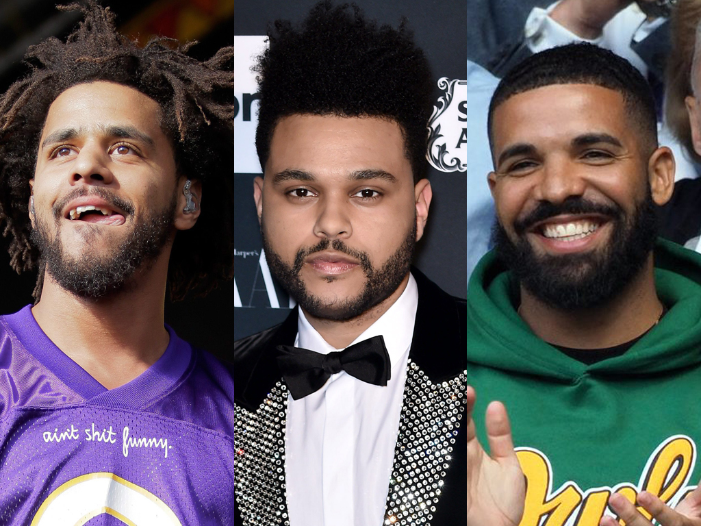 (L-R) J. Cole, The Weeknd and Drake.