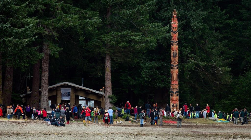 The Gwaii Haanas legacy totem pole is seen after being raised in Windy Bay, B.C., on Lyell Island in Haida Gwaii on August 15, 2013. THE CANADIAN PRESS/Darryl Dyck.