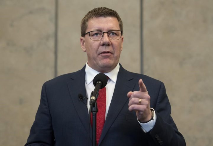 Saskatchewan Premier Scott Moe speaks with the media on Parliament Hill in Ottawa, Tuesday, November 12, 2019. As Saskatchewan's premier prepares to release a plan for how to reopen parts of the economy the actual number of COVID-19 tests being done in the province has dropped. THE CANADIAN PRESS/Adrian Wyld.