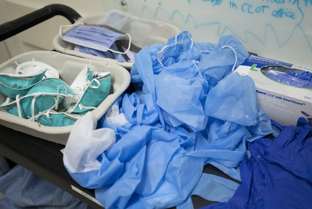 Personal protective equipment is seen in the COVID-19 intensive care unit at St. Paul's hospital in downtown Vancouver, Tuesday, April 21, 2020.
