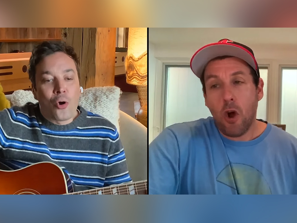 From left, Jimmy Fallon and Adam Sandler on  'The Tonight Show' on April 6, 2020.