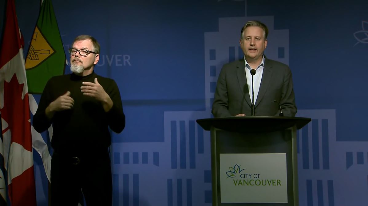 Mayor Kennedy Stewart discussed measures to protect residents of the Downtown Eastside at a news conference on April 3, 2020. 