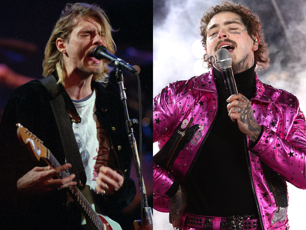 (L-R) The late Kurt Cobain of Nirvana and Post Malone.